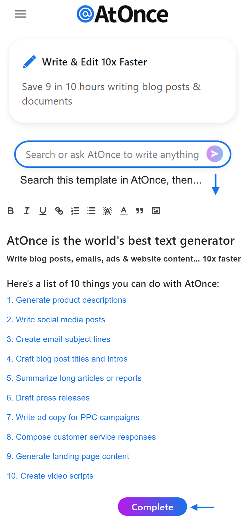 AtOnce AI text generator